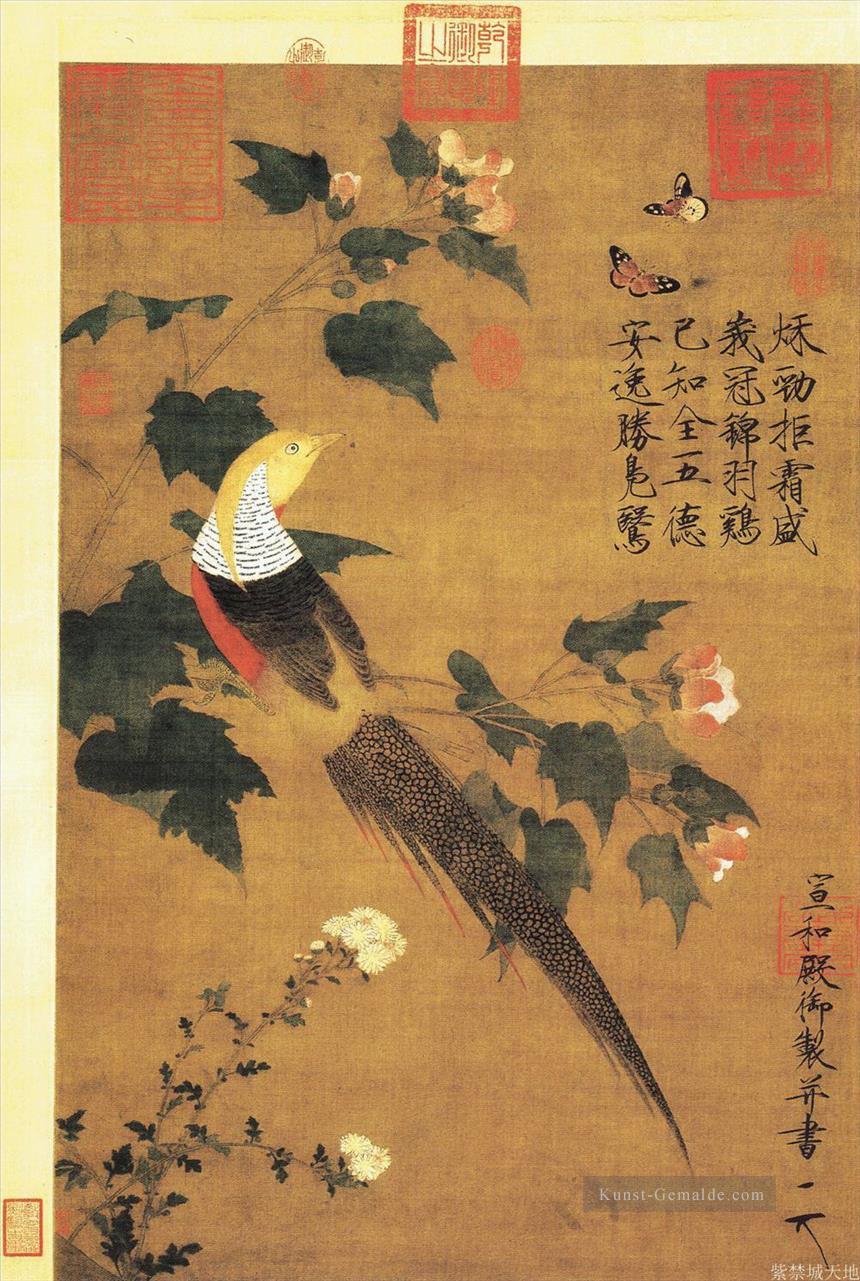 Goldene Fasanen und Baumwollblüten alte China Tinte Ölgemälde